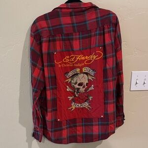 Repurposed Ed Hardy Red and Blue Plaid Skull Shirt